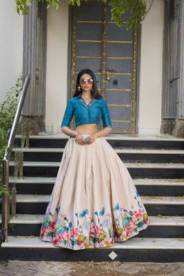 Teal Off white Tussar Silk Floral Print free size Lehenga Choli  4