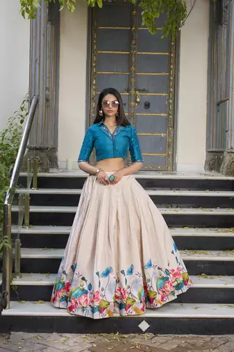 Teal Off white Tussar Silk Floral Print free size Lehenga Choli 
