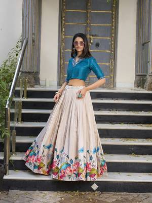 Teal Off white Tussar Silk Floral Print free size Lehenga Choli  5