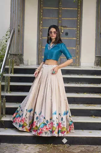 Teal Off white Tussar Silk Floral Print free size Lehenga Choli 