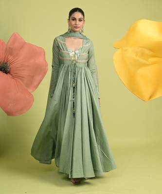 Teal green zari work chanderi anarkali 1