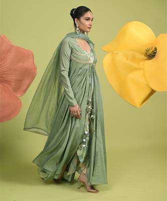 Teal green zari work chanderi anarkali 2