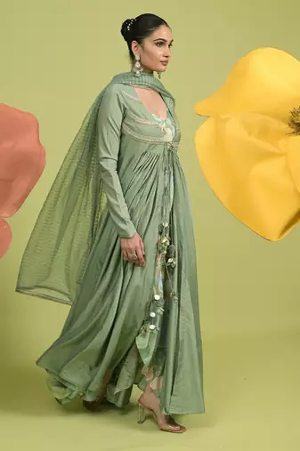Teal green zari work chanderi anarkali