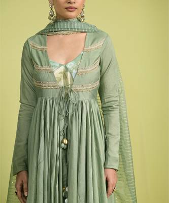 Teal green zari work chanderi anarkali 3