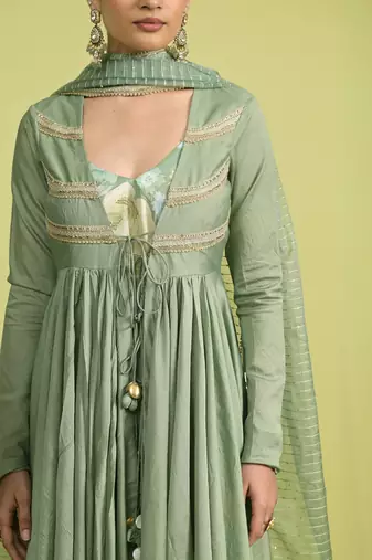 Teal green zari work chanderi anarkali