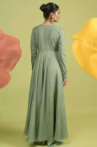 Teal green zari work chanderi anarkali