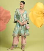 Teal green zari work cotton kurta sets