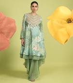 Teal green zari work cotton kurta sets