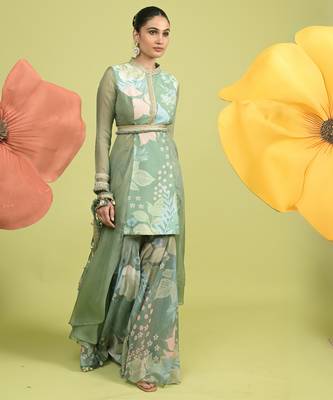 Teal green floral print cotton kurta sets 1