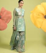 Teal green floral print cotton kurta sets