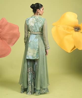 Teal green floral print cotton kurta sets 3