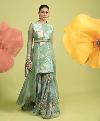 Teal green floral print cotton kurta sets 4