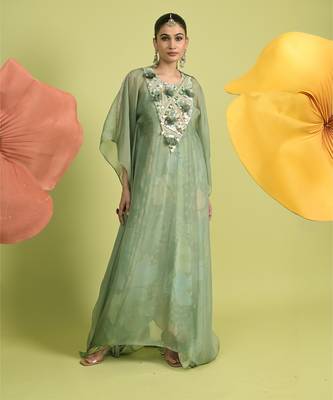 Teal green sequins work cotton kaftans 1