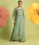 Teal green sequins work cotton kaftans