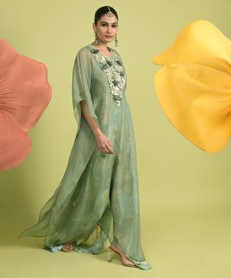 Teal green sequins work cotton kaftans 2