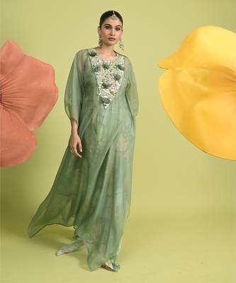 Teal green sequins work cotton kaftans 3