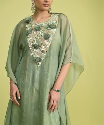 Teal green sequins work cotton kaftans 4