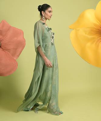 Teal green sequins work cotton kaftans 5