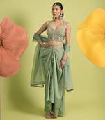 Sea green zari work cotton fusion wear
