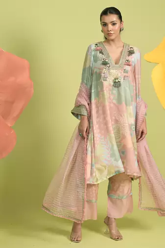 Baby pink zari work cotton kurta sets
