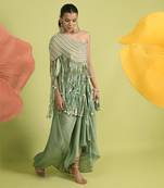 Sea green zari work cotton fusion wear