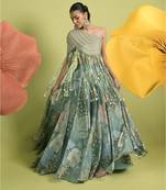 Sea green floral print cotton fusion wear