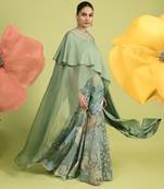 Sea green floral print cotton fusion wear