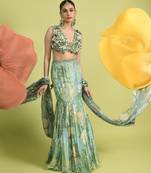 Sea green floral print cotton fusion wear