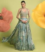 Dark Sea Green Floral Print Chanderi Lehenga Set
