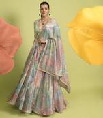 Dark Sea Green Floral Print Cotton Lehenga Set