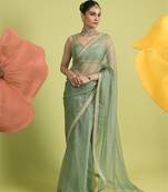 Sea green zari work chanderi saree with blouse