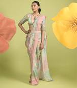 Baby pink floral print organza saree with blouse