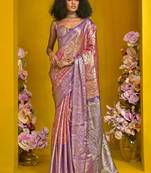 Pink zari weaving silk blend festival wear saree with blouse