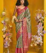 Olive green zari weaving silk blend banarasi saree with blouse