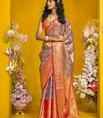 Grey & orange zari weaving silk blend saree with blouse