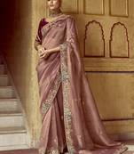 Dusty pink organza wedding wear saree with blouse
