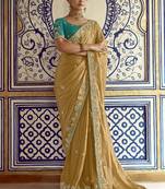 Mustard yellow border work organza saree with blouse