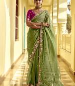 Green border work organza mehendi wear saree with blouse
