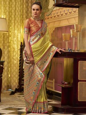 Lemon yellow zari weaving tissue silk blend saree with blouse 1