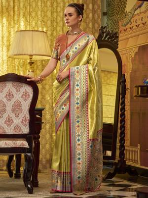 Lemon yellow zari weaving tissue silk blend saree with blouse 2