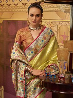 Lemon yellow zari weaving tissue silk blend saree with blouse 3