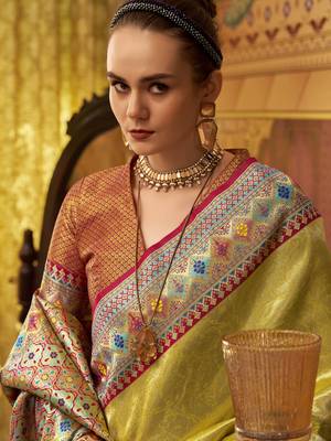 Lemon yellow zari weaving tissue silk blend saree with blouse 4