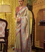 Beige zari weaving tissue silk blend traditional saree with blouse