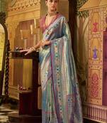 Teal blue zari weaving tissue silk blend event wear saree