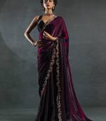 Wine border work satin party wear saree with blouse