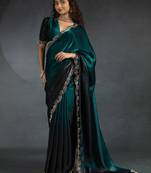 Teal blue border work satin designer saree with blouse