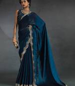 Teal blue border work satin festival wear saree with blouse