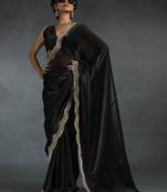 Black border work satin party wear saree with blouse
