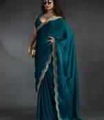 Teal blue satin engagement wear saree with blouse