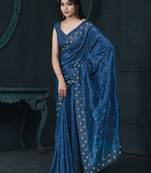 Blue thread embroidered silk blend festival wear saree